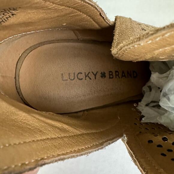Lucky Brand Larise Leather Open Toe Perforated Bootie Tan Size 9 Wide - Picture 10 of 11